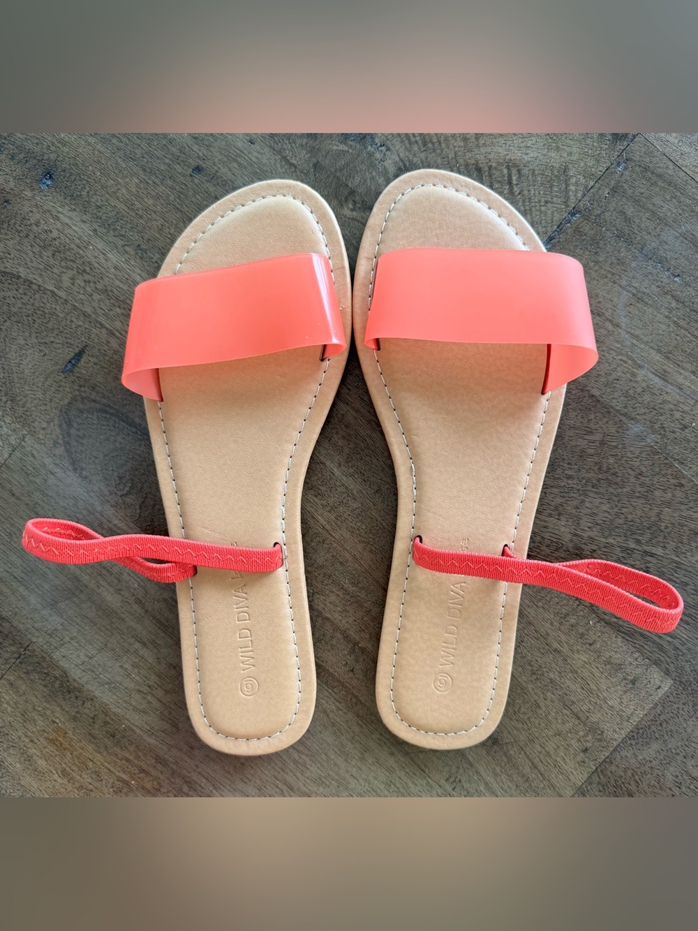 Wild Diva Coral Slide Sandals with Tan Footbed